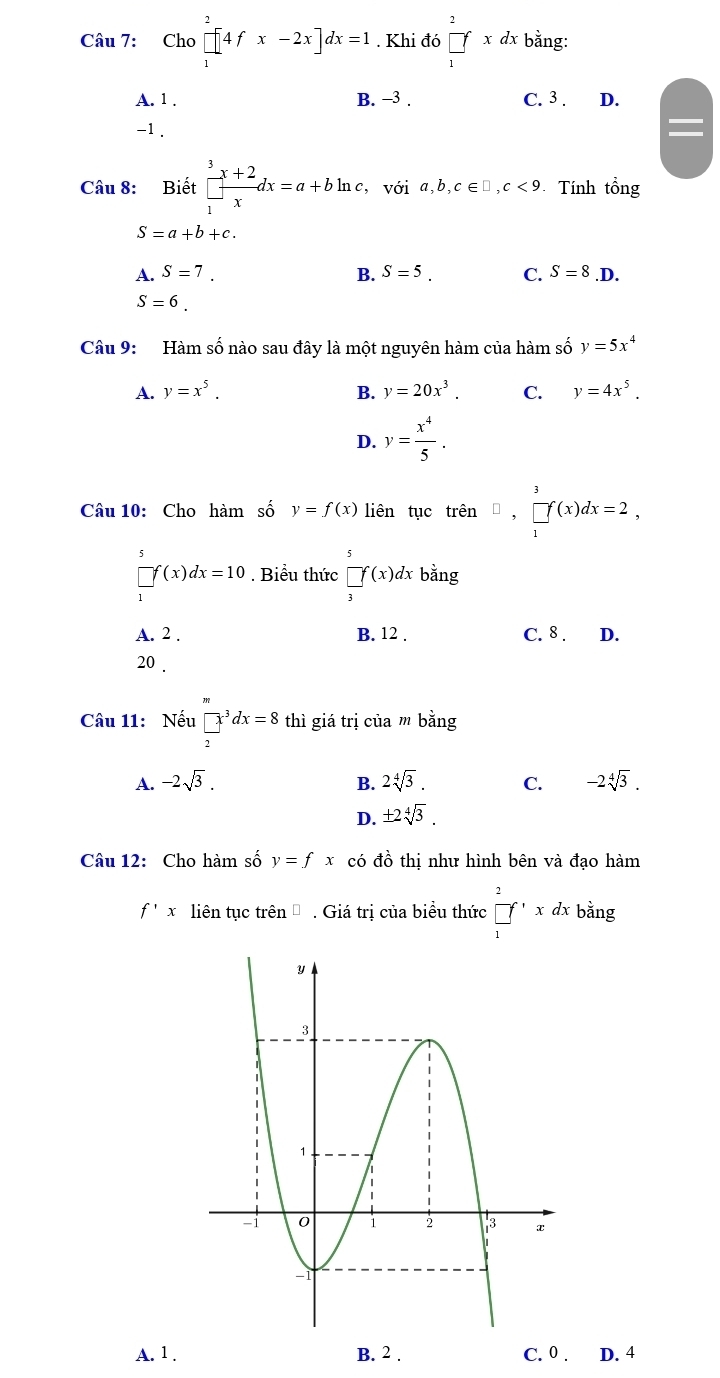 Cho prodlimits _1^(24fx-2x]dx=1. Khi đó prodlimits _1^2xdx * bằng:
A. 1. B. −3. C. 3. D.
-1.
Câu 8: Biết frac ^3)3xendarray dx=xdx=a+bln c. , với a,b,c∈ □ , c<9</tex> Tính that ong
S=a+b+c.
A. S=7. B. S=5. C. S=8.D.
S=6. 
Câu 9: Hàm số nào sau đây là một nguyên hàm của hàm số y=5x^4
A. y=x^5. B. y=20x^3. C. y=4x^5.
D. y= x^4/5 . 
Câu 10: Cho hàm số y=f(x) liên tục trên □ ,∈tlimits _1^(3f(x)dx=2, 
5
prodlimits _1^5f(x)dx=10. Biểu thức □ _3)f(x)dx bằng
A. 2. B. 12. C. 8. D.
20 .
Câu 11: Nếu prodlimits _2^((π)x^3)]dx=8 thì giá trị của m bằng
A. -2sqrt(3). B. 2sqrt[4](3). C. -2sqrt[4](3).
D. ± 2sqrt[4](3). 
Câu 12: Cho hàm số y=fx có đồ thị như hình bên và đạo hàm
f'x liên tục trên Đ . Giá trị của biểu thức prodlimits _1^(_x)dxE ằng
A. 1. B. 2. C. 0. D. 4