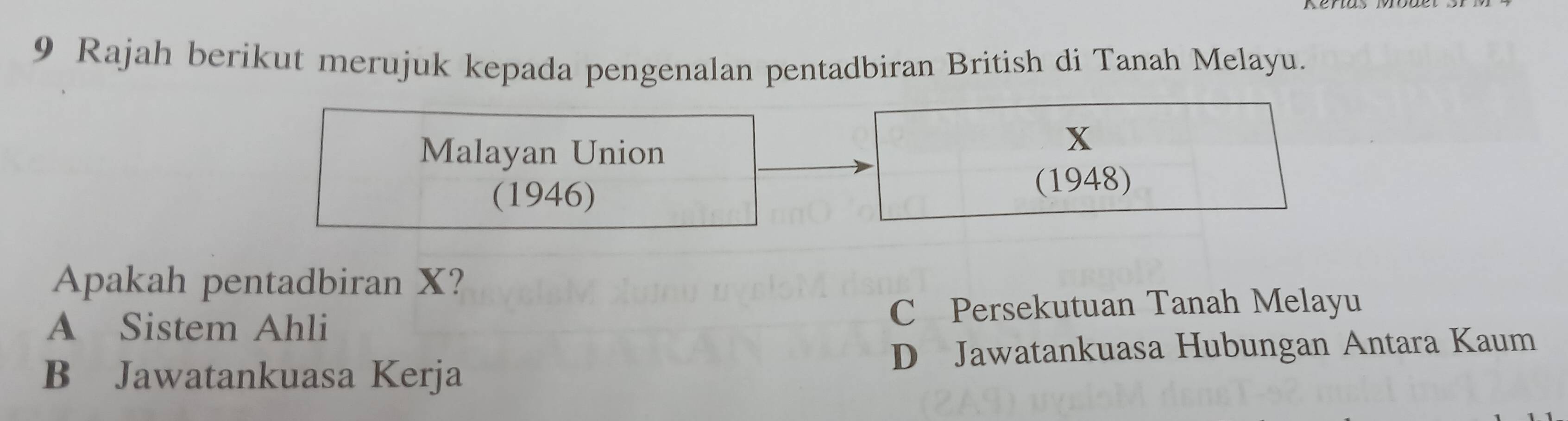 Rajah berikut merujuk kepada pengenalan pentadbiran British di Tanah Melayu.
Malayan Union
x
(1946)
(1948)
Apakah pentadbiran X?
A Sistem Ahli C Persekutuan Tanah Melayu
B Jawatankuasa Kerja D Jawatankuasa Hubungan Antara Kaum