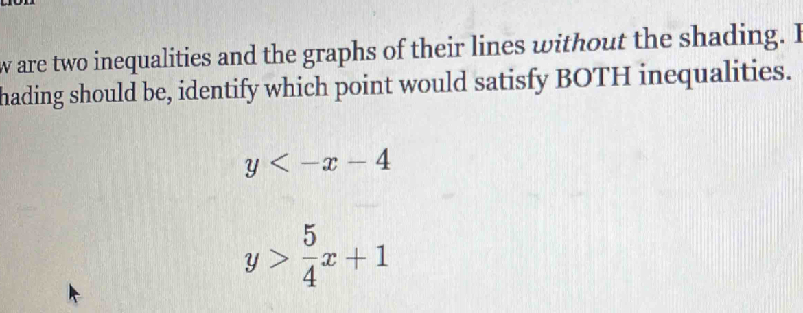 are two inequalities and the graphs of their lines without the shading. I
hading should be, identify which point would satisfy BOTH inequalities.
y
y> 5/4 x+1