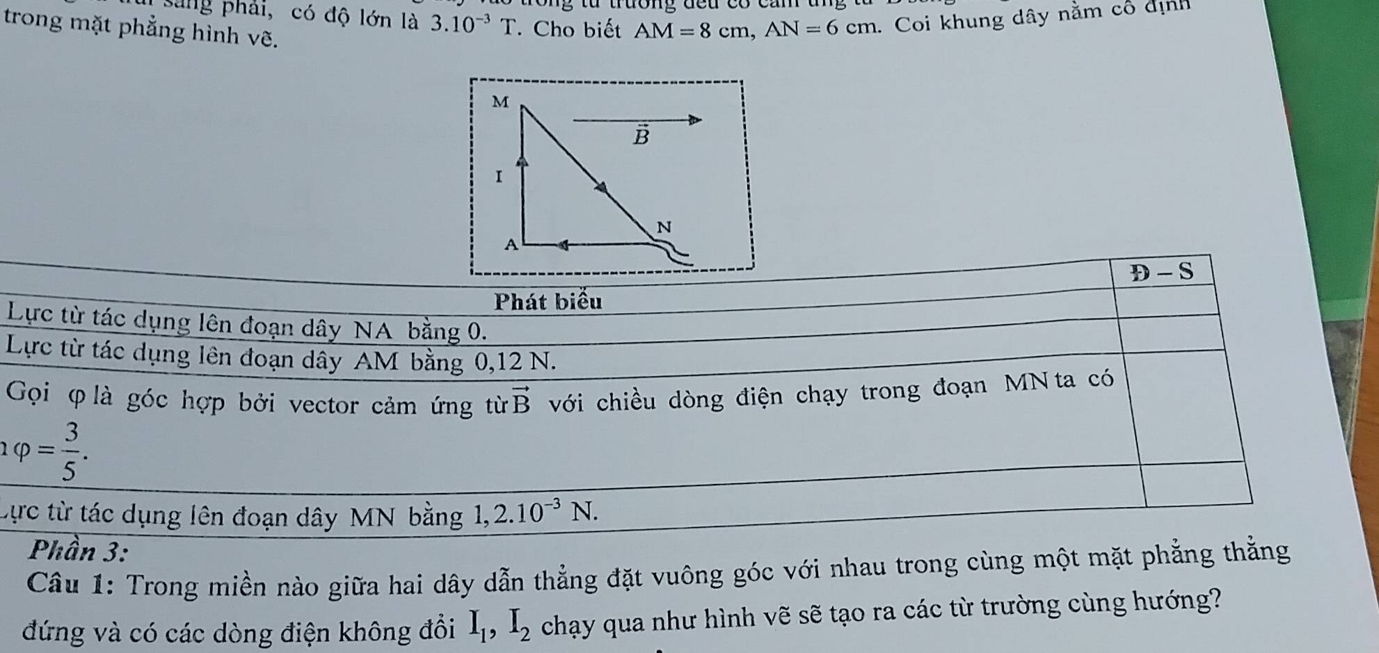 ro ng từ trương đếu có can 
Sng phải, có độ lớn là 3.10^(-3)T Cho biết AM=8cm, AN=6cm. Coi khung dây nằm cổ dịnh 
trong mặt phẳng hình vẽ.
D-S
Phát biểu 
Lực từ tác dụng lên đoạn dây NA bằng 0. 
Lực từ tác dụng lên đoạn dây AM bằng 0, 12 N. 
Gọi φ là góc hợp bởi vector cảm ứng từ vector B với chiều dòng điện chạy trong đoạn MN ta có
1varphi = 3/5 . 
Lực từ tác dụng lên đoạn dây MN bằng 1, 2.10^(-3)N. 
Phần 3: 
Câu 1: Trong miền nào giữa hai dây dẫn thẳng đặt vuông góc với nhau trong cùng một mặt phẳng thẳng 
đứng và có các dòng điện không đổi I_1, I_2 chạy qua như hình vẽ sẽ tạo ra các từ trường cùng hướng?