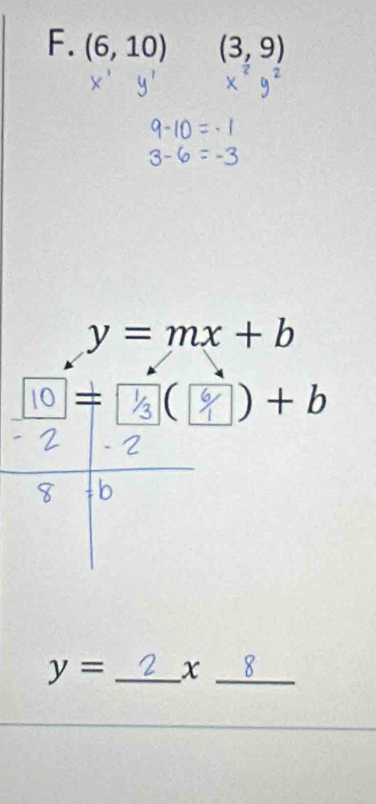 (6,10) (3,9)
y=mx+b
0| = ( C )+b 
□  
b
y= _x_