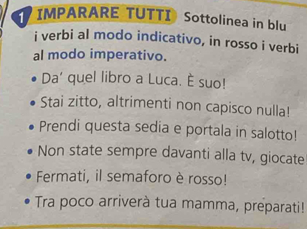 IMPARARE TUTTI Sottolinea in blu 
i verbi al modo indicativo, in rosso i verbi 
al modo imperativo. 
Da' quel libro a Luca. È suo! 
Stai zitto, altrimenti non capisco nulla! 
Prendi questa sedia e portala in salotto! 
Non state sempre davanti alla tv, giocate 
Fermati, il semaforo è rosso! 
Tra poco arriverà tua mamma, preparati!