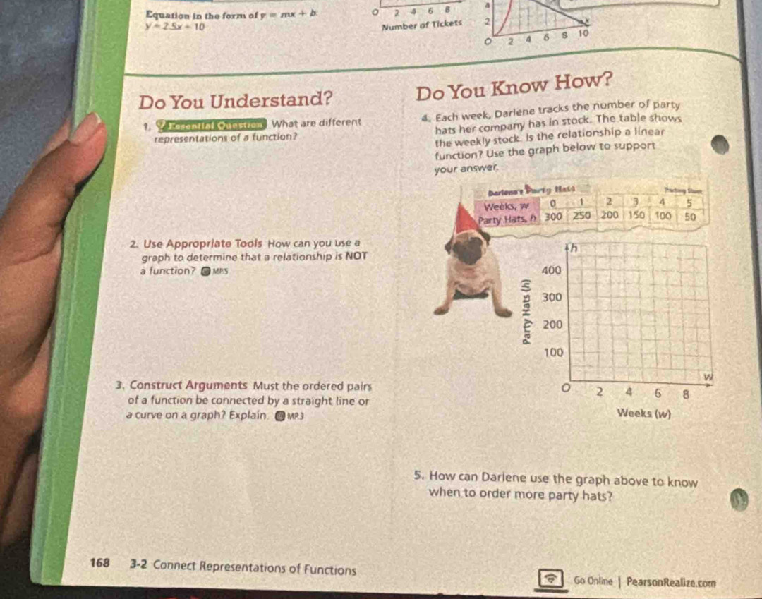 Equation in the form of y=mx+b 2 4 6 B δ
y=25x+10
Number of Tickets 2
2 4 6 8 10
Do You Understand?
Do You Know How?
1. rantial Onestion. What are different 4. Each week, Darlene tracks the number of party
representations of a function? hats her company has in stock. The table shows
the weekly stock. Is the relationship a linear
function? Use the graph below to support
your answer.
Barleno's Porty Mata Triactony Staaee
Weeks, w 0 1 2 3 4 5
Party Hats, /) 300 250 200 150 100 50
2. Use Appropriate Tools How can you use a
th
graph to determine that a relationship is NOT
a function? @ MPS 400
300
2 200
100
w
3. Construct Arguments Must the ordered pairs
2 4 6 8
of a function be connected by a straight line or Weeks (w)
a curve on a graph? Explain MP3
5. How can Darlene use the graph above to know
when to order more party hats?
168 3-2 Connect Representations of Functions Go Online | PearsonRealize.com