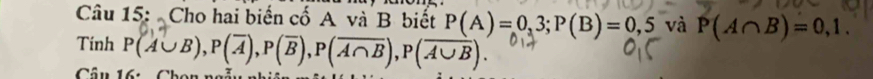 Cho hai biến cố A và B biết P(A)=0,3; P(B)=0,5 và P(A∩ B)=0,1. 
Tinh 
Câu 16: Chon ngẫu r P(A∪ B), P(overline A), P(overline B), P(overline A∩ B), P(overline A∪ B).