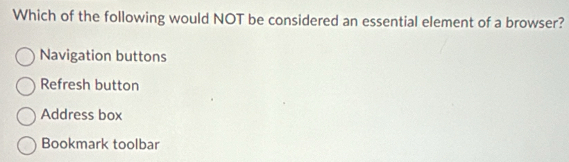 Which of the following would NOT be considered an essential element of a browser?
Navigation buttons
Refresh button
Address box
Bookmark toolbar