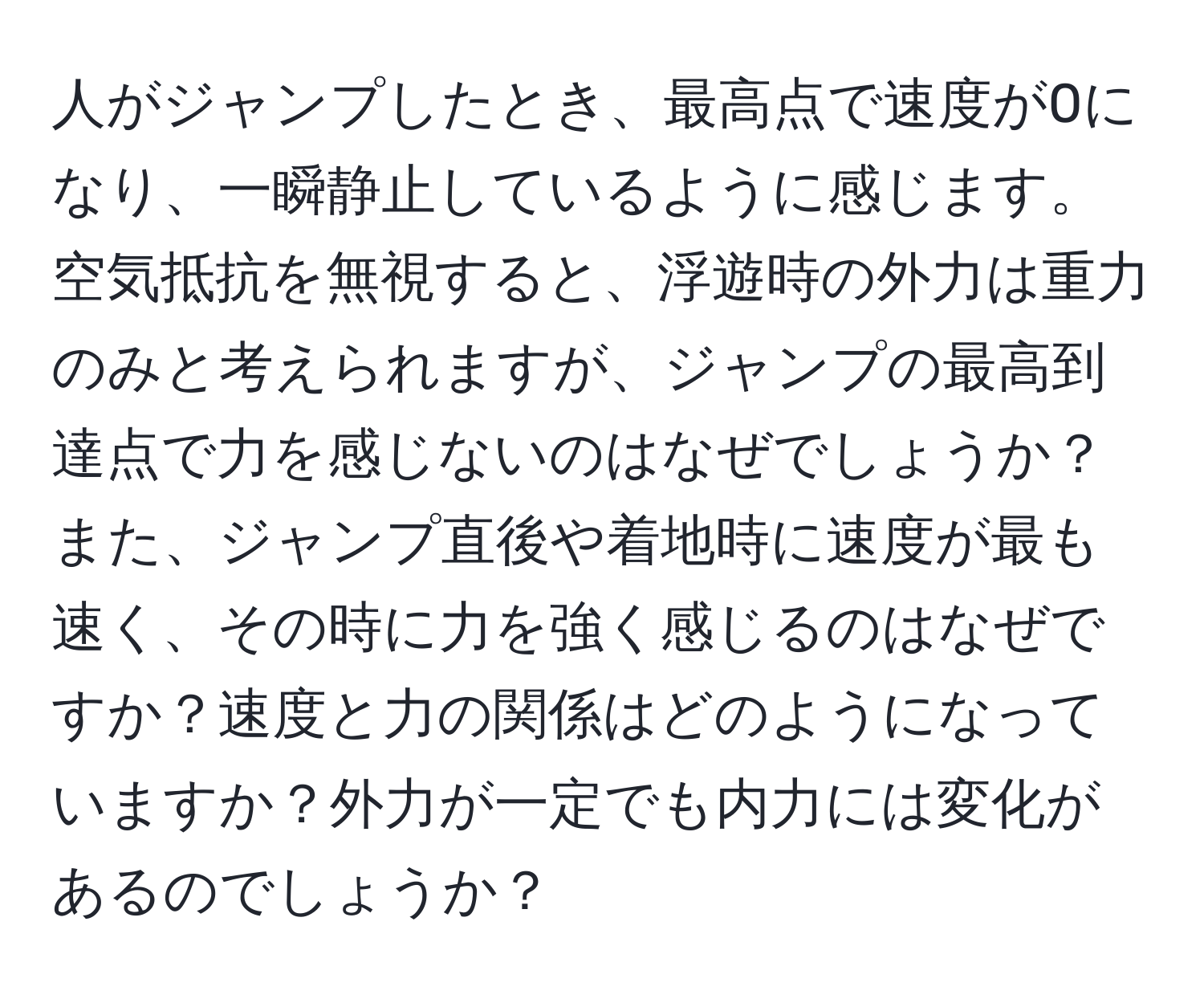 人がジャンプしたとき、最高点で速度が0になり、一瞬静止しているように感じます。空気抵抗を無視すると、浮遊時の外力は重力のみと考えられますが、ジャンプの最高到達点で力を感じないのはなぜでしょうか？また、ジャンプ直後や着地時に速度が最も速く、その時に力を強く感じるのはなぜですか？速度と力の関係はどのようになっていますか？外力が一定でも内力には変化があるのでしょうか？