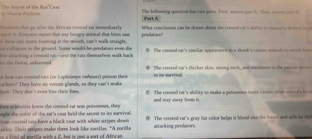 The Secret of the Rat Coat
by Sharon Pochron
The following question has two parts. First, answer part A. Then, answer part B.
Part A
Predators that go after the African crested rat immediately What conclusion can be drawn about the crested rat's ability to naturally defend itsel
egret it. Kenyans report that any hungry animal that bites one predators?
f these rats starts foaming at the mouth, can’t walk straight,
nd collapses to the ground. Some would-be-predators even die Ⓐ The crested rat’s similar appearance to a skunk's causes animals to avoid them
fter attacking a crested rat—and the rats themselves walk back
to the forest, unharmed.
@ The crested rat’s thicker skin, strong neck, and resistance to the poison-arrow
ut how can crested rats (or Lophiomys imhausi) poison their in its survival.
tackers? They have no venom glands, so they can’t make
ison. They don’t even bite their foes. The crested rat’s ability to make a poisonous toxin causes other animals to se
and stay away from it.
fore scientists knew the crested rat was poisonous, they
ught the color of the rat’s coat held the secret to its survival.
rican crested rats have a black coat with white stripes down ⑥ The crested rat’s gray fur color helps it blend into the forest and aids its abi
sides. Their stripes make them look like zorillas. “A zorilla attacking predators.
ot a kind of gorilla with a Z, but is just a sort of African