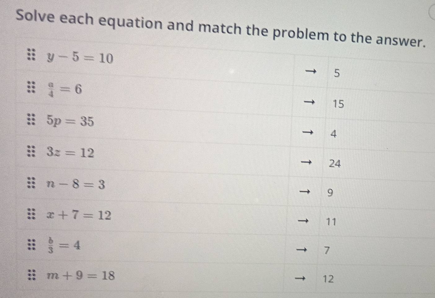 Solve each equation and match the probl.