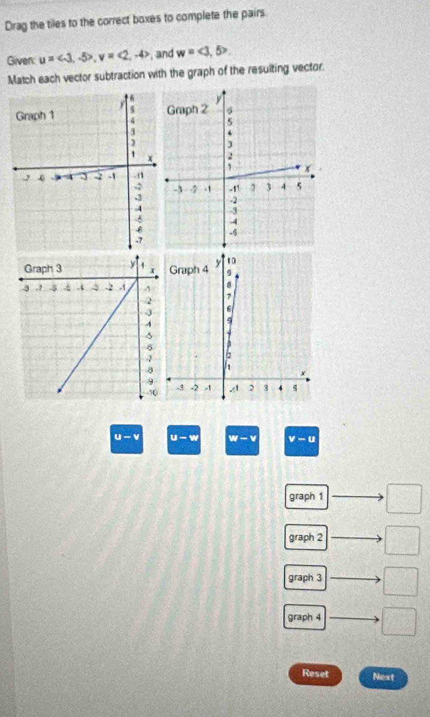 Drag the tiles to the correct boxes to complete the pairs.
Given: u=<3</tex>, -5>, v=<2,-4> , and w=<3,5>. 
Match each vector subtraction with the graph of the resulting vector.
u - v u - w M-M v-t
graph 1 · □
graph 2 □
graph 3 □
graph 4 □ 
Reset 12:3