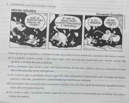 (FMTM-MG) Leia com atenção a charge:
NÍQUEL NÁUSEA
Sabendo-se que triptofano e fenilalanina são dois aminoácidos essenciais, assinale a alternativa correta.
a) O predador precisa comer o rato para ingerir dois aminoácidos essenciais que, dentre outros, irão
garantir a sintese de suas proteinas.
b) Se o predador não comer o rato, não terá proteínas de alto teor calórico, pois os compostos citados
são moléculas altamente energéticas.
c) Ao comer o rato, o predador estará ingerindo dois compostos fundamentais para a síntese de fosfoli-
pídios e, com isso, garantindo a estabilidade das membranas celulares.
d) O predador não necessita dos compostos citados, pois ele já é capaz de sintetizar aqueles aminoá-
cidos denominados naturais.
e) Ao corer o rato, o predador estará ingerindo dois compostos fundamentais para a síntese dos carboi-
dratos de reserva.