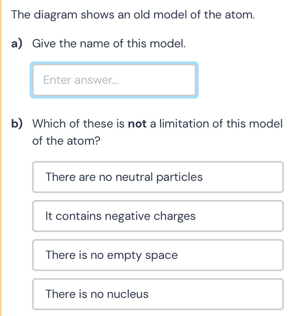 Solved: The diagram shows an old model of the atom. a) Give the name of ...