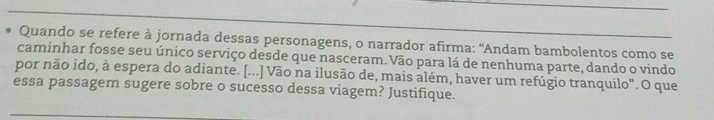 Quando se refere à jornada dessas personagens, o narrador afirma: 'Andam bambolentos como se 
caminhar fosse seu único serviço desde que nasceram. Vão para lá de nenhuma parte, dando o vindo 
por não ído, à espera do adiante. [...] Vão na ilusão de, mais além, haver um refúgio tranquilo". O que 
essa passagem sugere sobre o sucesso dessa viagem? Justifique.