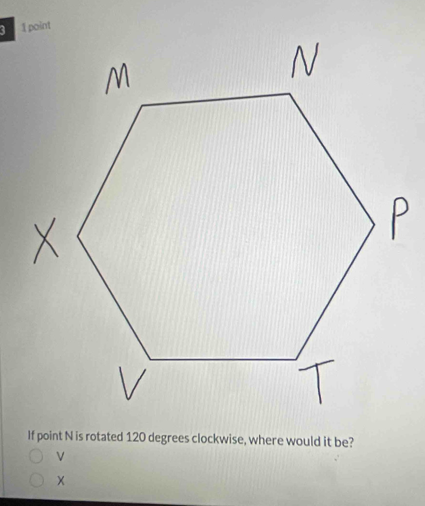 If point N is rotated 120 degrees clockwise, where would it be?