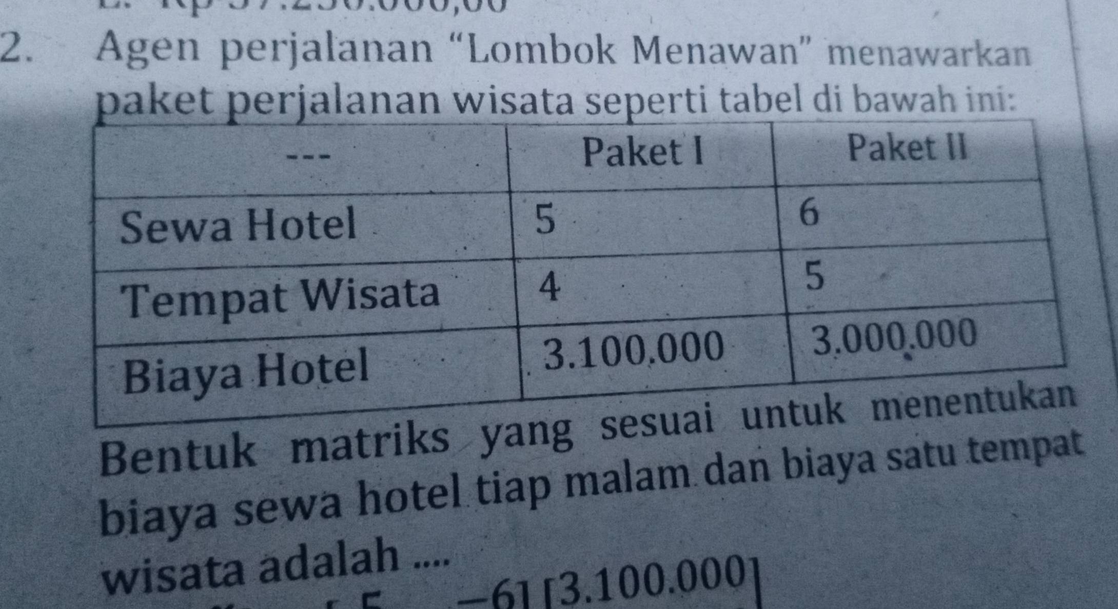 Agen perjalanan “Lombok Menawan” menawarkan 
paket perjalanan wisata seperti tabel di bawah ini: 
Bentuk matriks y 
biaya sewa hotel tiap malam dan biaya satu tempat 
wisata adalah .... 
-6] [3.100.000