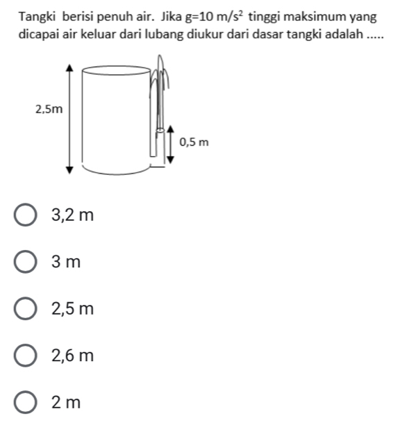 Tangki berisi penuh air. Jika g=10m/s^2 tinggi maksimum yang
dicapai air keluar dari lubang diukur dari dasar tangki adalah .....
3,2 m
3 m
2,5 m
2,6 m
2 m