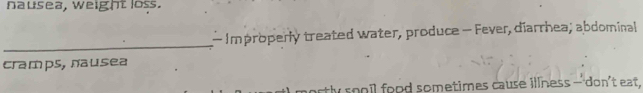 nausea, weight loss. 
- Improperly treated water, produce - Fever, diarrhea; abdominal 
_ 
cramps, nausea 
y sooil food sometimes cause illness-don't eat .