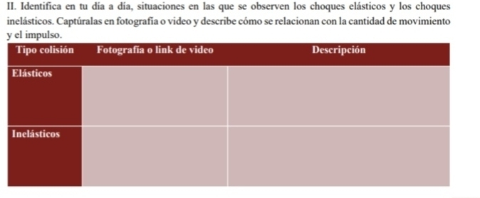 Identifica en tu día a día, situaciones en las que se observen los choques elásticos y los choques 
inelásticos. Captúralas en fotografía o video y describe cómo se relacionan con la cantidad de movimiento 
y