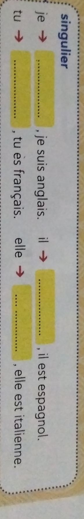 singulier 
je _, je suis anglais. il _, il est espagnol. 
tu _, tu es français. elle _, elle est italienne.
