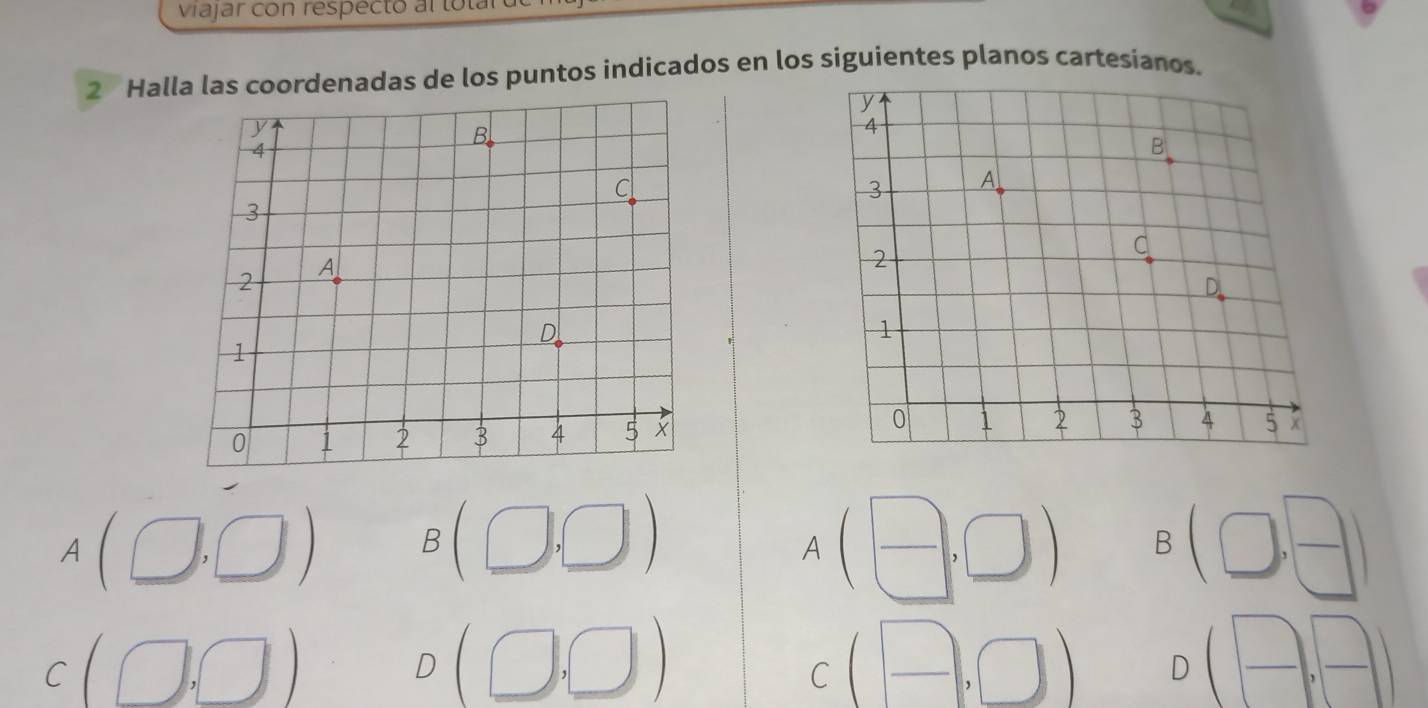 viajar con respecto a to ta 
2 Halla las coordenadas de los puntos indicados en los siguientes planos cartesianos. 
3(□  □ 
/ □ , 1 A _  ^circ 
B(□ ,□ )
a 
D 
frac □  
C □ 
D ( □ /□  , □ /□  )