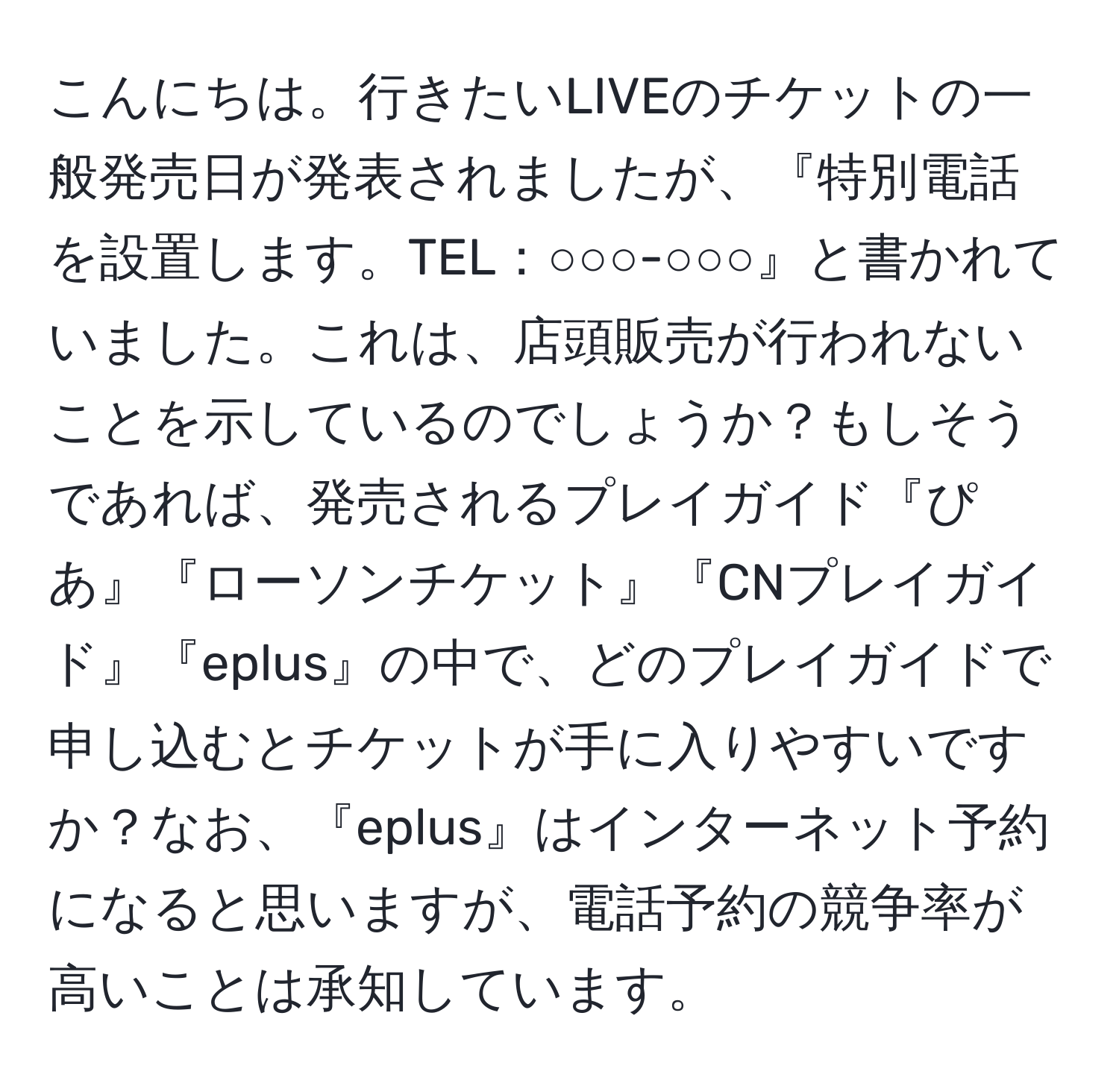 こんにちは。行きたいLIVEのチケットの一般発売日が発表されましたが、『特別電話を設置します。TEL：○○○-○○○』と書かれていました。これは、店頭販売が行われないことを示しているのでしょうか？もしそうであれば、発売されるプレイガイド『ぴあ』『ローソンチケット』『CNプレイガイド』『eplus』の中で、どのプレイガイドで申し込むとチケットが手に入りやすいですか？なお、『eplus』はインターネット予約になると思いますが、電話予約の競争率が高いことは承知しています。