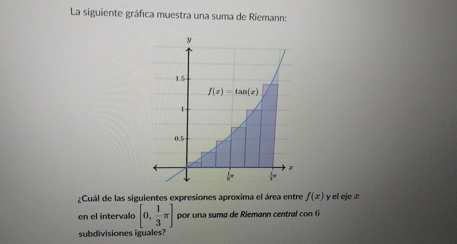 La siguiente gráfica muestra una suma de Riemann:
¿Cuál de las siguientes expresiones aproxima el área entre f(x) y el eje x
en el intervalo [0, 1/3 π ] por una suma de Riemann central con 6
subdivisiones iguales?