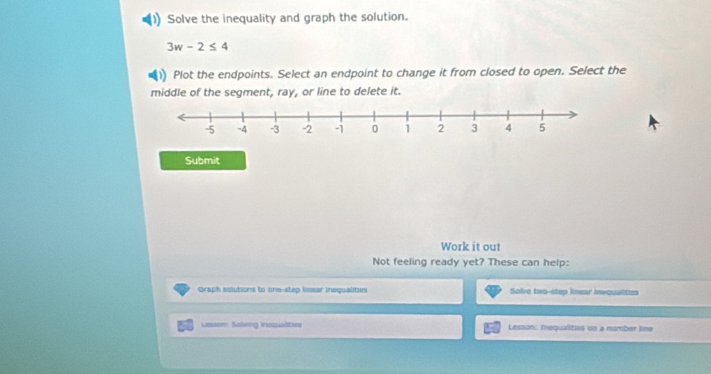 Solve the inequality and graph the solution.
3w-2≤ 4
Plot the endpoints. Select an endpoint to change it from closed to open. Select the 
middle of the segment, ray, or line to delete it. 
Submit 
Work it out 
Not feeling ready yet? These can help: 
Graph solutions to one-step lieear inequalities Solve two-step linear inequalities 
Lesson: Solving Inequalities Lesson: Enequalities on a number lime