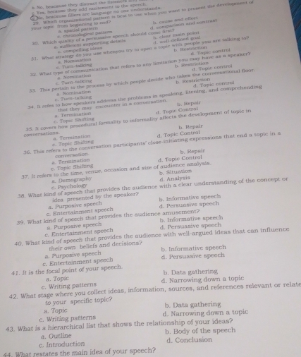 No, beacause they distrant the listenc  s 
Yes, becstase they add exeitement to the speech
20. Which cegansiational patteen is best to use when you want to present the development of
Na, bracause fillers are language no one understands.
your tople from be ginning to en l? A. spatial pattern d. comparison and contras
c. chrenological patern b. cmise and effect
30. Which qundity of a permuaxive sprech should cone first? h. clear main poin
a. suligient supporting deiail= C. compeling ideas d. well defined goal
31. What strategy do you use whenyou try to open a topic with people you are talking to? b Restriction
32. What type of communitation that refers to any limitation you may have as a speaker? h. Restriction d. Topie control
e Ture-tailcing a. Nomination
33. This pertais to the process by which people decide who takes the conversational floor. d. Topic con/tral
c. Turn-telking a. Nominatioss
b. Restriction
34. It refes to how speakers address the problems in speaking, ltening, and comprehending d. Topic contral
e. Turn-tallking a. Nominations
that they may encounter in a conversation. b. Repair
d. Topic Contral
c. Topie Shifting a. Termination
conversations 35. It covers how procedural formality to informality affects the development of topic in
b. Repsir
c. Topic Shifting a Termination d. Tapic Cantral
36. This refers to the conversation participants' close-initiating expressions that end a topic in a
conversation b. Repair
a. Termination c. Topic Shifting
37. It refers to the time, venue, occasion and size of audience analysis. d. Topic Control
e. Psychology a. Demography d. Analysis b. Situation
38. What kind of speech that provides the audience with a clear understanding of the concept or
b. Informative speech d. Persuasive speech
c. Entertainment speech a. Purposive speech idea presented by the speaker?
39. What kind of speech that provides the audience amusement? b. Informative speech
c. Entertainment speech s. Purposive speech d. Persuasive speech
40. What kind of speech that provides the audience with well-argued ideas that can influence
their own beliefs and decisions?
c. Entertainment speech a. Purposive speech b. Informative speech d. Persuasive speech
41. It is the focal point of your speech. b. Data gathering
a. Topic
c. Writing patterns d. Narrowing down a topic
42. What stage where you collect ideas, information, sources, and references relevant or relate
to your specific topic?
a. Topic b. Data gathering
c. Writing patterns d. Narrowing down a topic
43. What is a hierarchical list that shows the relationship of your ideas?
a. Outline b. Body of the speech
c. Introduction d. Conclusion
44. What restates the main idea of your speech?