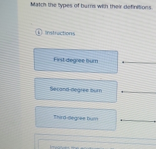 Match the types of burns with their definitions.
Instructions
First-degree burn
Second-degree burn
Third-degree burn
Involves the or