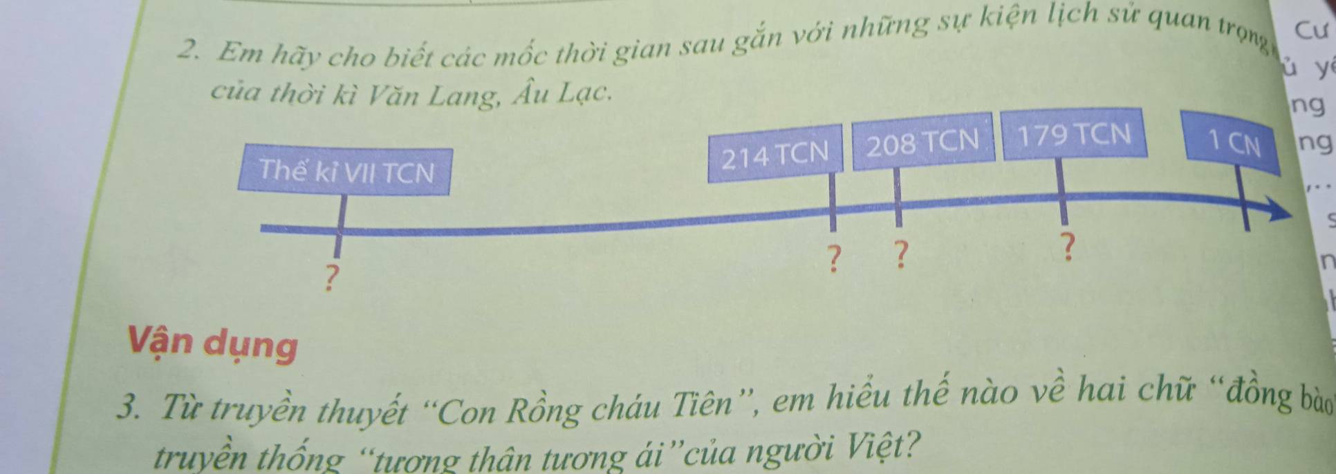 Em hãy cho biết các mốc thời gian sau gắn với những sự kiện lịch sử quan trọn Cư 
ǔ y 
của thời kì Văn Lang, Âu Lạc. 
ng 
Thế kỉ VII TCN
214 TCN 208 TCN 179 TCN 1 CN ng 
, . . 
? 
? 
? ? 
in 
Vận dụng 
3. Từ truyền thuyết “Con Rồng cháu Tiên”, em hiểu thế nào về hai chữ “đồng bào 
truyền thống “tương thân tương ái”của người Việt?