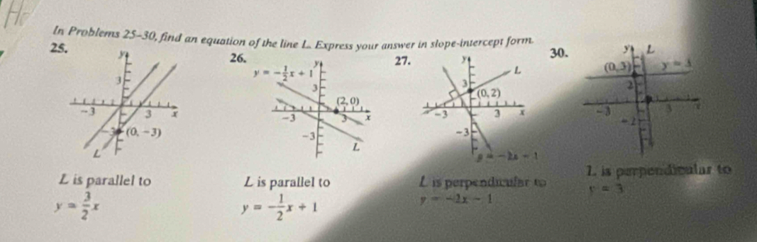 In Problems 25-30, find an equation of the line L. Express your answer in slope-intercept form
25.
26.27. 30.

L is parallel to L is parallel to L is perpendicular to 1. is perpendicular to
y= 3/2 x
v=3
y=- 1/2 x+1
y=-2x-1