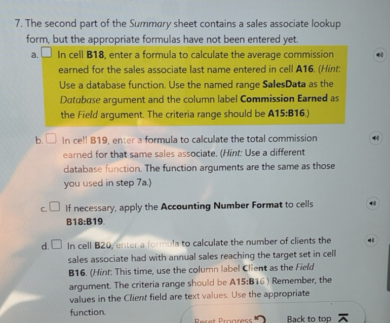 Solved: The second part of the Summary sheet contains a sales associate ...