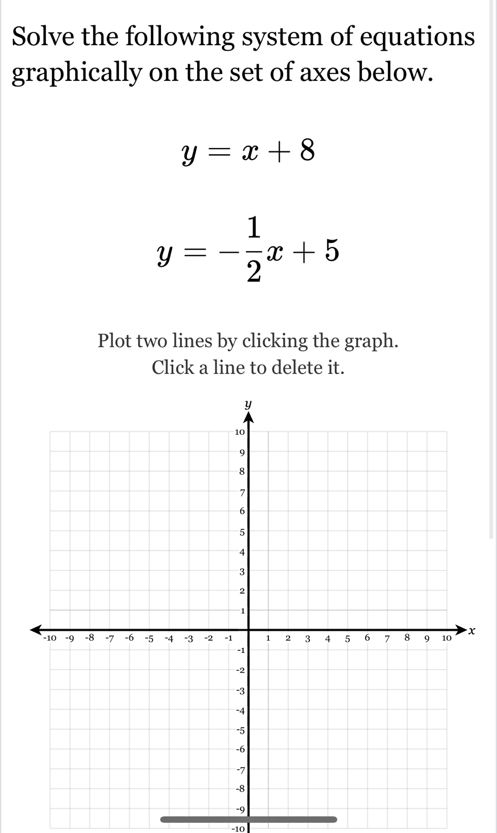 Solve the following system of equations
graphically on the set of axes below.
y=x+8
y=- 1/2 x+5
Plot two lines by clicking the graph.
Click a line to delete it.
-9
−10