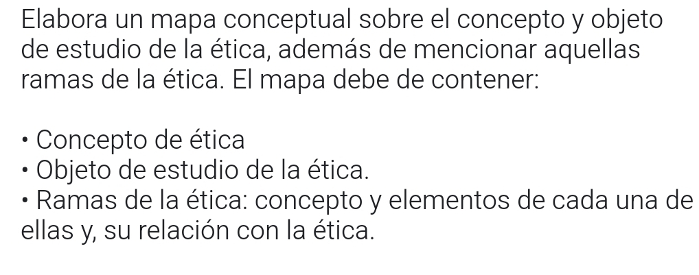 Elabora un mapa conceptual sobre el concepto y objeto 
de estudio de la ética, además de mencionar aquellas 
ramas de la ética. El mapa debe de contener: 
Concepto de ética 
Objeto de estudio de la ética. 
Ramas de la ética: concepto y elementos de cada una de 
ellas y, su relación con la ética.