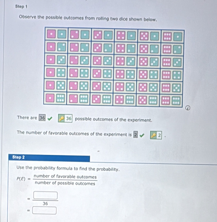 Observe the possible outcomes from rolling two dice shown below.
There are 36 36 possible outcomes of the experiment.
The number of favorable outcomes of the experiment is 2 22 2
Step 2
Use the probability formula to find the probability.
P(E)= numberoffavorableoutcomes/numberofpossibleoutcomes 
= □ /36 
=□