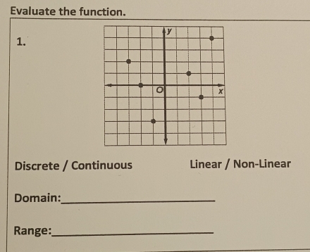 Evaluate the function.
1.
Discrete / Continuous Linear / Non-Linear
Domain:_
Range:_