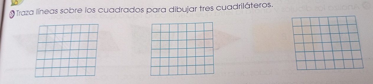 Traza líneas sobre los cuadrados para dibujar tres cuadriláteros.