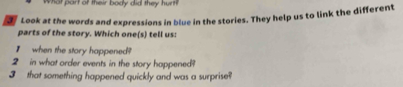 What part of their body did they hurt? 
3 Look at the words and expressions in blue in the stories. They help us to link the different 
parts of the story. Which one(s) tell us: 
I when the story happened? 
2 in what order events in the story happened? 
3 that something happened quickly and was a surprise?