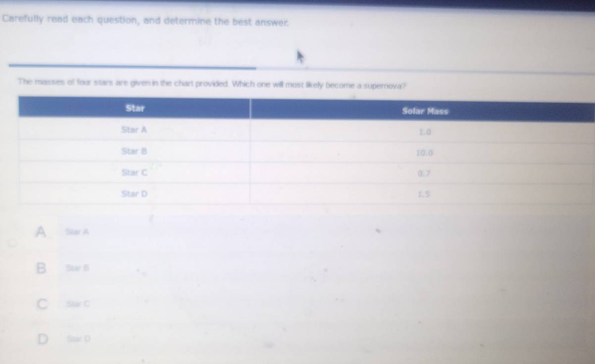 Carefully read each question, and determine the best answer.
The masses of four stars are given in the chart provided. Which one will most likely become a supernova?
A Slar A
B Sta B
C Star C
D Sta D