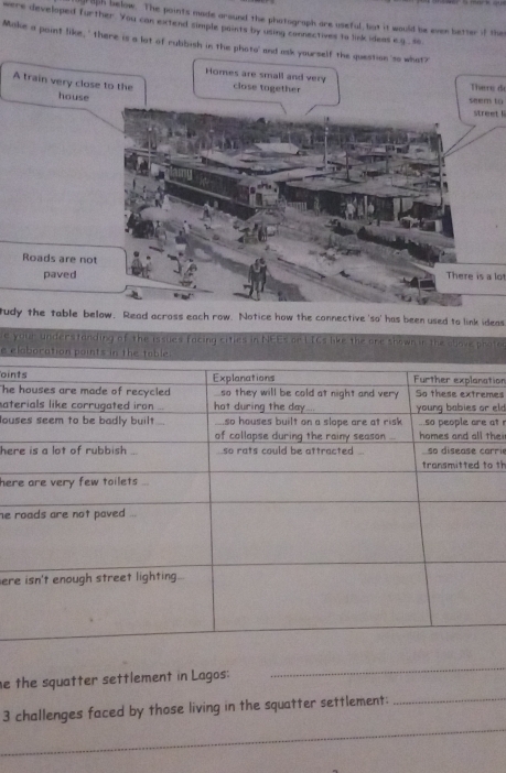 rijh below. The points made around the phatograph are useful, but it would be even better if the 
were developed further. You can extend simple paints by using connectives to link ideas eg , so 
Make a point like, ' there is a lot of rulibish in the phato' and ask yourself the question 'so what? 
Homes are small and very 
A train very close to the close together seem to There đi 
house 
street l 
Roads are not 
paved There is a lot 
tudy the table below. Read across each row. Notice how the connective 'so' has been used to link ideas 
e your understanding of the issues facing cities in NEEs or LICs like the one shown in the chove phato 
e elaborat 
ointion 
Themes 
sat 
ous eld at r 
their 
herrrie 
o th 
her 
he 
ere 
_ 
he the squatter settlement in Lagos: 
_ 
_ 
3 challenges faced by those living in the squatter settlement: