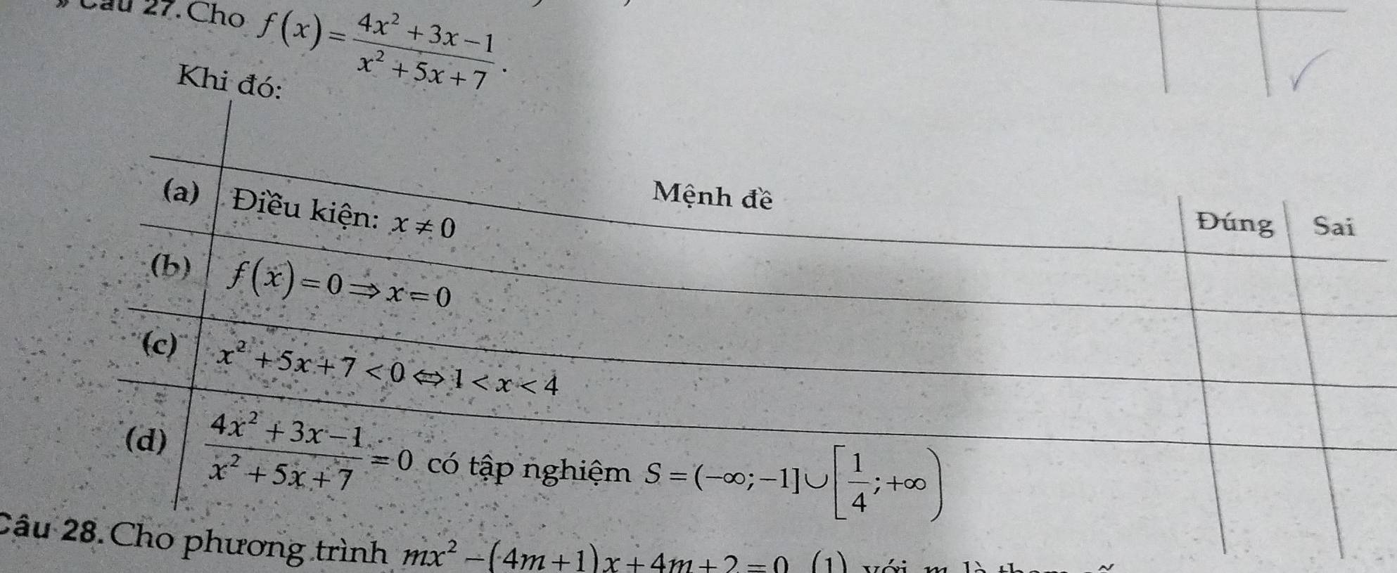 Cầu 27 Cho f(x)= (4x^2+3x-1)/x^2+5x+7 .
Khi đ
Câơng trình mx^2-(4m+1)x+4m+2=0 (1)