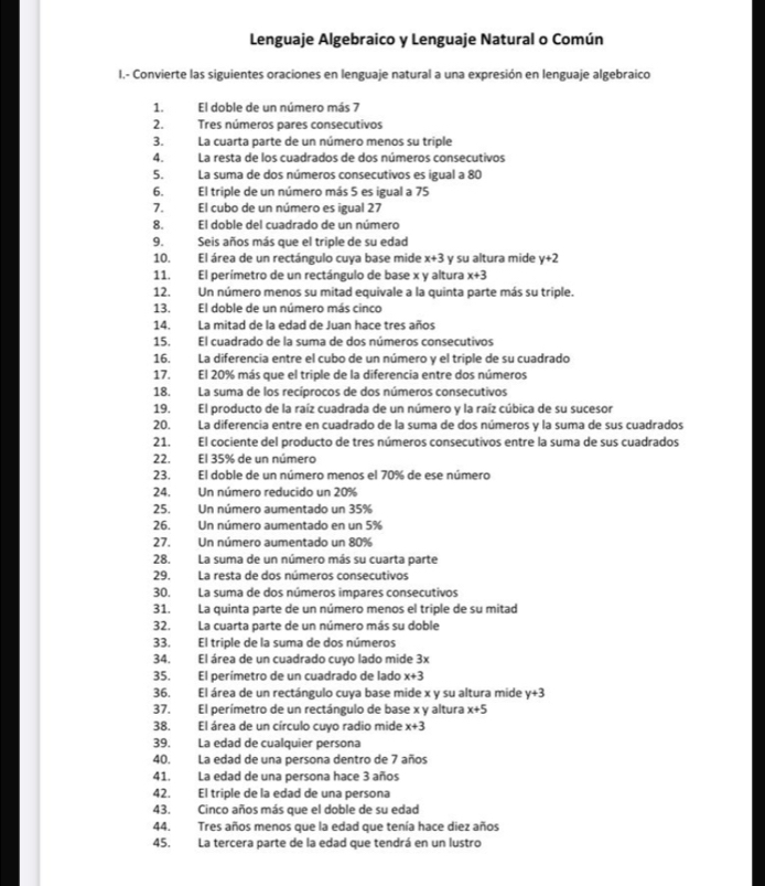 Lenguaje Algebraico y Lenguaje Natural o Común
I.- Convierte las siguientes oraciones en lenguaje natural a una expresión en lenguaje algebraico
1. El doble de un número más 7
2. Tres números pares consecutivos
3. La cuarta parte de un número menos su triple
4. La resta de los cuadrados de dos números consecutivos
5. La suma de dos números consecutivos es igual a 80
6. El triple de un número más 5 es igual a 75
7. El cubo de un número es igual 27
8. El doble del cuadrado de un número
9. Seis años más que el triple de su edad
10. El área de un rectángulo cuya base mide x+3 y su altura mide y+2
11. El perímetro de un rectángulo de base x y altura x+3
12. Un número menos su mitad equivale a la quinta parte más su triple.
13. El doble de un número más cinco
14. La mitad de la edad de Juan hace tres años
15. El cuadrado de la suma de dos números consecutivos
16. La diferencia entre el cubo de un número y el triple de su cuadrado
17. El 20% más que el triple de la diferencia entre dos números
18. La suma de los recíprocos de dos números consecutivos
19. El producto de la raíz cuadrada de un número y la raíz cúbica de su sucesor
20. La diferencia entre en cuadrado de la suma de dos números y la suma de sus cuadrados
21. El cociente del producto de tres números consecutivos entre la suma de sus cuadrados
22. El 35% de un número
23. El doble de un número menos el 70% de ese número
24. Un número reducido un 20%
25. Un número aumentado un 35%
26. Un número aumentado en un 5%
27. Un número aumentado un 80%
28. La suma de un número más su cuarta parte
29. La resta de dos números consecutivos
30, La suma de dos números impares consecutivos
31. La quinta parte de un número menos el triple de su mitad
32. La cuarta parte de un número más su doble
33. El triple de la suma de dos números
34. El área de un cuadrado cuyo lado mide 3x
35. El perímetro de un cuadrado de lado x+3
36. El área de un rectángulo cuya base mide x y su altura mide y+3
37. El perímetro de un rectángulo de base x y altura x+5
38. El área de un círculo cuyo radio mide x+3
39. La edad de cualquier persona
40. La edad de una persona dentro de 7 años
41. La edad de una persona hace 3 años
42. El triple de la edad de una persona
43. Cinco años más que el doble de su edad
44. Tres años menos que la edad que tenía hace diez años
45. La tercera parte de la edad que tendrá en un lustro