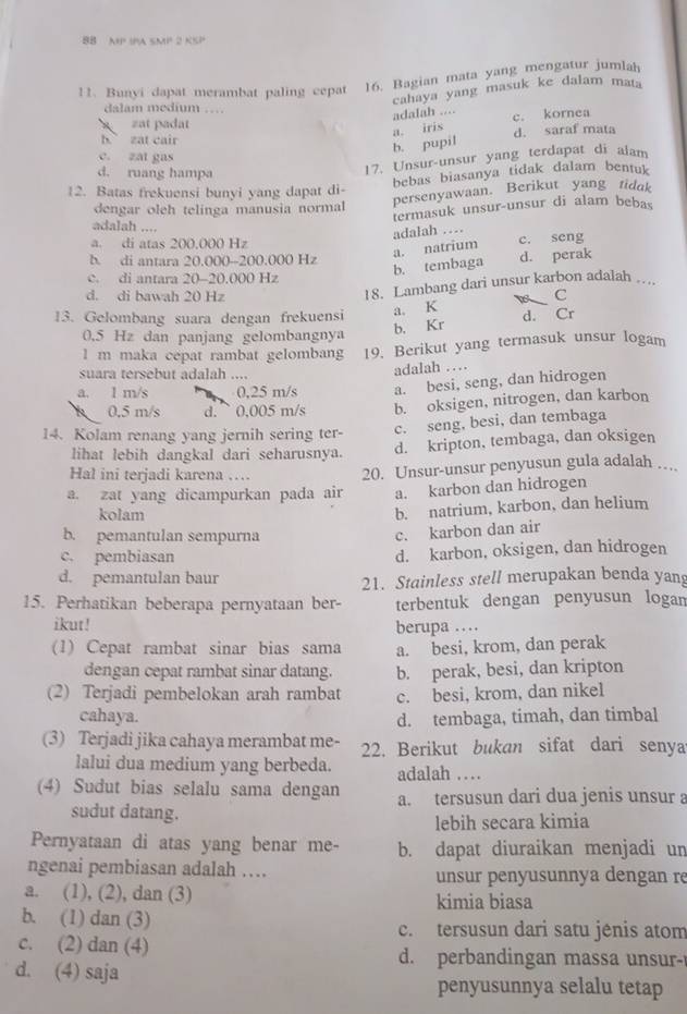 BB NP PA 5mP 2 KSP
11. Bunyi dapat merambat paling cepat 16. Bagian mata yang mengatur jumlah
cahaya yang masuk ke dalam mat
dalam medium …
adalah ....
zat padat
b. zat cair d. saraf mata c. kornea
b. pupil a. iris
c. zat gas
d. ruang hampa
17. Unsur-unsur yang terdapat di alam
bebas biasanya tidak dalam bentuk
12. Batas frekuensi bunyi yang dapat di-
persenyawaan. Berikut yang tidak
dengar oleh telinga manusia normal termasuk unsur-unsur di alam bebas
adalah ....
adalah …
a. di atas 200,000 Hz c. seng
b. di antara 20,000-200.000 Hz
b. tembaga a. natrium d. perak
c. di antara 20-20.000 Hz
18. Lambang dari unsur karbon adalah …
d. di bawah 20 Hz C
a. K
13. Gelombang suara dengan frekuensi d. Cr
b. Kr
0.5 Hz dan panjang gelombangnya
l m maka cepat rambat gelombang 19. Berikut yang termasuk unsur logam
suara tersebut adalah ....
adalah …
a. 1 m/s 0,25 m/s a. besi, seng, dan hidrogen
k 0.5 m/s d.~ 0,005 m/s b. oksigen, nitrogen, dan karbon
14. Kolam renang yang jernih sering ter- c. seng, besi, dan tembaga
lihat lebih dangkal dari seharusnya. d. kripton, tembaga, dan oksigen
Hal ini terjadi karena … 20. Unsur-unsur penyusun gula adalah ….
a. zat yang dicampurkan pada air a. karbon dan hidrogen
kolam
b. natrium, karbon, dan helium
b. pemantulan sempurna
c. karbon dan air
c. pembiasan d. karbon, oksigen, dan hidrogen
d. pemantulan baur 21. Stainless stell merupakan benda yans
15. Perhatikan beberapa pernyataan ber- terbentuk dengan penyusun logan
ikut! berupa …
(1) Cepat rambat sinar bias sama a. besi, krom, dan perak
dengan cepat rambat sinar datang. b. perak, besi, dan kripton
(2) Terjadi pembelokan arah rambat c. besi, krom, dan nikel
cahaya. d. tembaga, timah, dan timbal
(3) Terjadi jika cahaya merambat me- 22. Berikut bukan sifat dari senya
lalui dua medium yang berbeda. adalah …
(4) Sudut bias selalu sama dengan a. tersusun dari dua jenis unsur a
sudut datang.
lebih secara kimia
Pernyataan di atas yang benar me- b. dapat diuraikan menjadi un
ngenai pembiasan adalah … unsur penyusunnya dengan re
a. (1), (2), dan (3) kimia biasa
b. (1) dan (3) c. tersusun dari satu jênis atom
c. (2) dan (4) d. perbandingan massa unsur-
d. (4) saja
penyusunnya selalu tetap