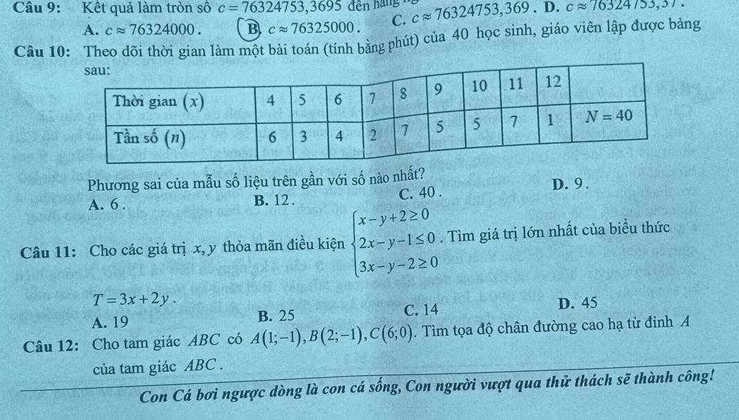 Kết quả làm tròn số c=76324753,3695 capprox 76324753,369.D. capprox 76324753,37.
A. capprox 76324000. B capprox 76325000. C.
Câu 10: Theo dõi thời gian làm một bài toán (tính bằng phút) của 40 học sinh, giáo viên lập được bảng
Phương sai của mẫu số liệu trên gần với số nào nhất?
D. 9 .
A. 6 . B. 12 . C. 40 .
Câu 11: Cho các giá trị x, y thỏa mãn điều kiện beginarrayl x-y+2≥ 0 2x-y-1≤ 0. 3x-y-2≥ 0endarray.. Tìm giá trị lớn nhất của biểu thức
T=3x+2y.
A. 19 B. 25 C. 14 D. 45
Câu 12: Cho tam giác ABC có A(1;-1),B(2;-1),C(6;0).  Tìm tọa độ chân đường cao hạ từ đỉnh A
của tam giác ABC .
Con Cá bơi ngược dòng là con cá sống, Con người vượt qua thử thách sẽ thành công!