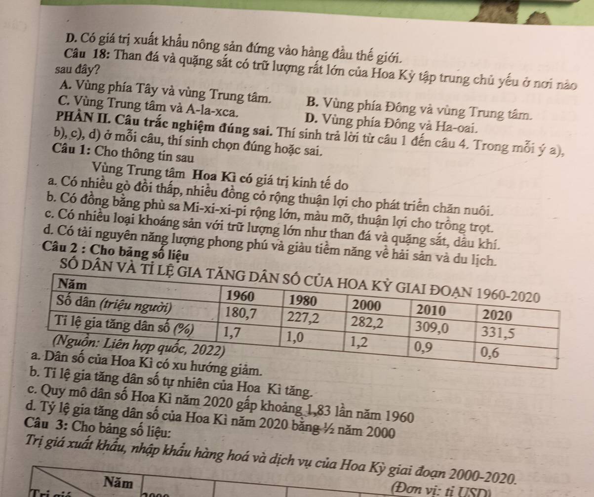 D. Có giá trị xuất khẩu nông sản đứng vào hàng đầu thế giới.
Câu 18: Than đá và quặng sắt có trữ lượng rất lớn của Hoa Kỳ tập trung chủ yếu ở nơi nào
sau đây?
A. Vùng phía Tây và vùng Trung tâm. B. Vùng phía Đông và vùng Trung tâm.
C. Vùng Trung tâm và A-la-xca. D. Vùng phía Đông và Ha-oai.
PHÀN II. Câu trắc nghiệm đúng sai. Thí sinh trả lời từ câu 1 đến câu 4. Trong mỗi ý a),
b), c), d) ở mỗi câu, thí sinh chọn đúng hoặc sai.
Câu 1: Cho thông tin sau
Vùng Trung tâm Hoa Kì có giá trị kinh tế do
a. Có nhiều gò đồi thấp, nhiều đồng cỏ rộng thuận lợi cho phát triển chăn nuôi.
b. Có đồng bằng phù sa Mi-xi-xi-pi rộng lớn, màu mỡ, thuận lợi cho trồng trọt.
c. Có nhiều loại khoáng sản với trữ lượng lớn như than đá và quặng sắt, dầu khí.
d. Có tài nguyên năng lượng phong phú và giàu tiềm năng về hải sản và du lịch.
* Câu 2 : Cho bảng số liệu
Số DâN VÀ 
lệ gia tăng dân số tự nhiên của Hoa Kì tăng.
c. Quy mô dân số Hoa Kì năm 2020 gấp khoảng 1,83 lần năm 1960
d. Tỷ lệ gia tăng dân số của Hoa Kì năm 2020 băng ½ năm 2000
Câu 3: Cho bảng số liệu:
Trị giá xuất khẩu, nhập khẩu hàng hoá và dịch vụ của Hoa Kỳ giai đoạn 2000 -2020.
Năm
Tri gió
(Đơn vị: tỉ USD)