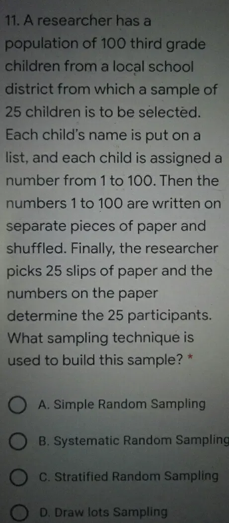 Solved: A researcher has a population of 100 third grade children from ...