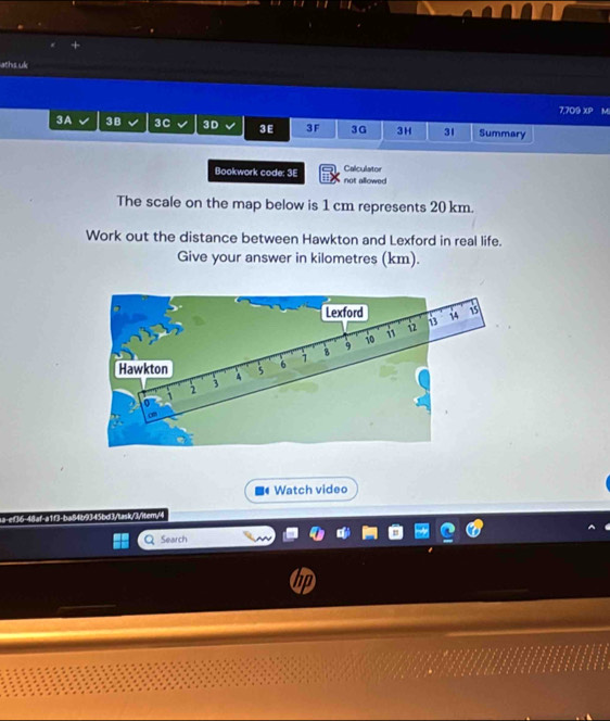 aths uk
7200* P M 
3A 3B 3 C 3D 3E 3F 3G 3H 31 Summary 
Calculator 
Bookwork code: 3E not allowed 
The scale on the map below is 1 cm represents 20 km. 
Work out the distance between Hawkton and Lexford in real life. 
Give your answer in kilometres (km). 
Watch video 

Search