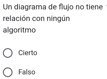 Un diagrama de flujo no tiene
relación con ningún
algoritmo
Cierto
Falso