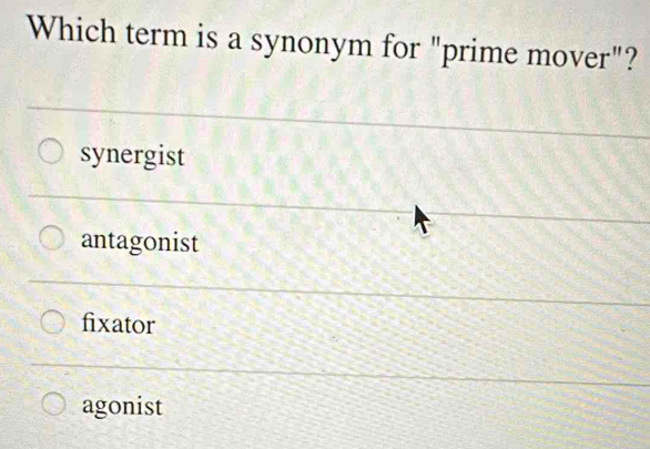 Which term is a synonym for "prime mover"?
synergist
antagonist
fixator
agonist