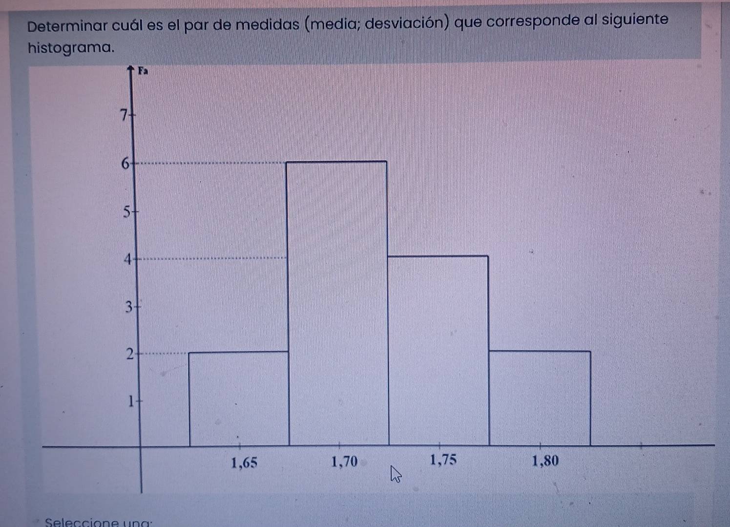 Determinar cuál es el par de medidas (media; desviación) que corresponde al siguiente 
Seleccione una: