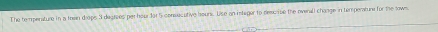 The tempenature in a than drops 3 degrees per hour 1ot 5 consucutive hours. Uise an intager to describe the overall change in temperature for the sows.